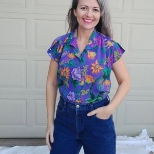 1980's TROPICAL FLORAL BLOUSE 80's S M